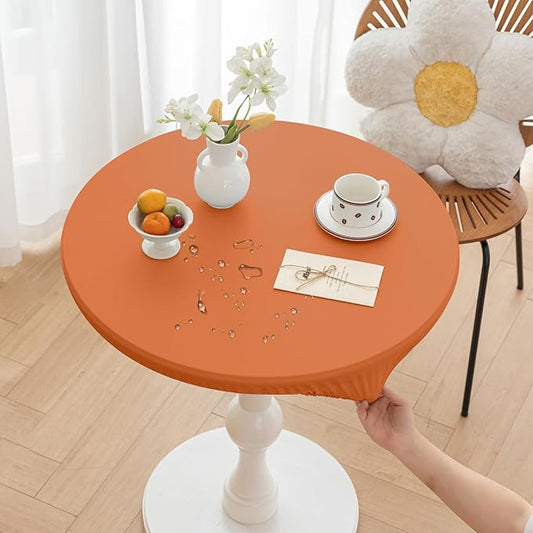 Fall Round Fitted PU Tablecloth with High Elastic Edge 39 Inch Dia Waterproof Oil Proof Table Cloth Anti-Scald Stain-Resistant Wipeable Table Cover for Indoor Outdoor Picnic (Orange,39" Dia)