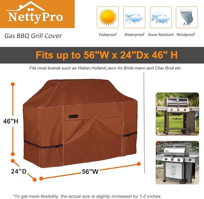 NettyPro BBQ Grill Cover 56 inch Heavy Duty Waterproof Outdoor 2-3 Burners Gas Grill Cover for Outside Weber, Char-Broil, Brinkmann, Nexgrill Barbecue, Brown