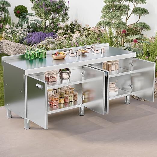 KINGBO 66.9" Stainless Steel Table Cabinet Heavy Duty Prep Table with 304 Stainless Steel Worktop Commercial Worktable Workbench with Storage Cabinet for Kitchen Garage Restaurant Outdoor