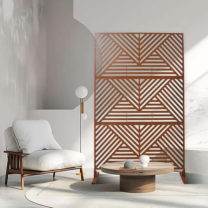 Outdoor Privacy Screen with Geometric Design – Metal Decorative Panel, Freestanding Partition, Weather-Resistant, 76"x48" for Garden, Patio, Balcony, and Yard, Rust Red