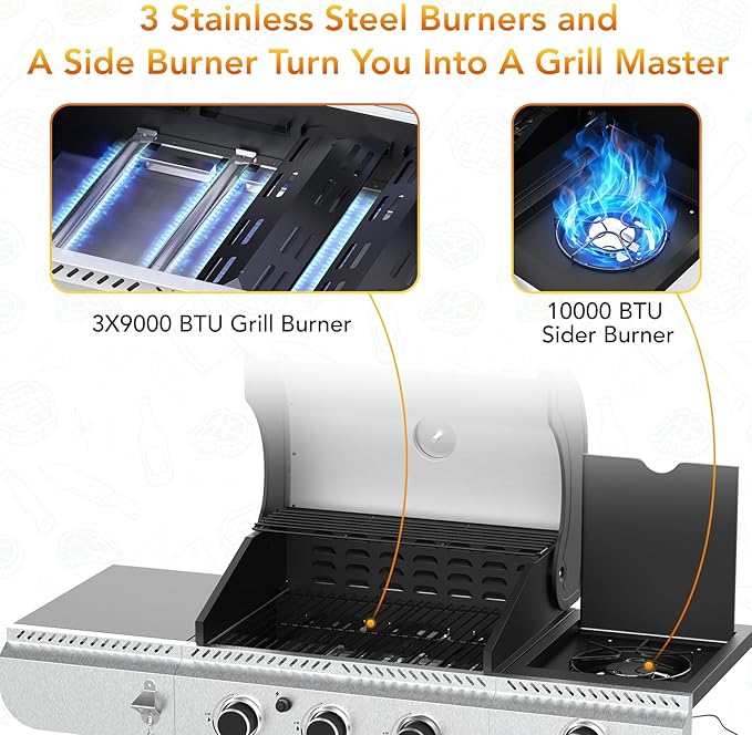 3-Burner Propane Gas BBQ Grill with Side Burner,Stainless Steel Gas Grill with Cast Iron Grates,37000 BTU Barbecue Grill, Suitable for Outdoor Cooking,Camping,Patio Backyard