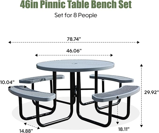 46'' Round Metal Picnic Table for Outdoors, Commercial Steel Metal Picnic Tables, Heavy Duty Sturdy Picnic Tables Furniture Set for Patio Garden Courtyard BBQ, with Umbrella Hole, Grey