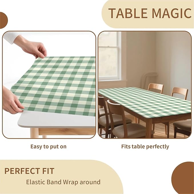 Rectangle Table Cloth Cover Waterproof Elastic Fitted Polyester Fitted Tablecloths for 8 Foot Tables for Indoor,Picnic, Camping, Outdoor （96" x 30"，Green Grid）