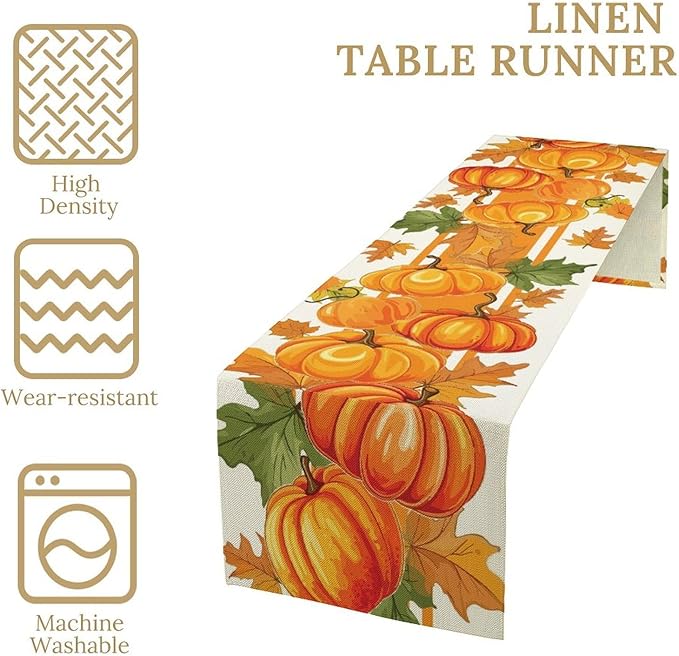 Fall Pumpkin Table Runner, Autumn Orange Maple Leaves Print Table Runner for Thanksgiving Harvest Holiday Indoor Outdoor Table Decoration, 13x70inch