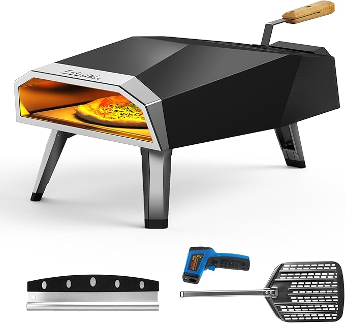 Outdoor Wood Pellet Pizza Oven – 12" Woodfire Pizza Stone Oven, Wood Fired Pizza Maker, Portable for Backyard Party, with Pizza Stone, Pizza Peel, Pizza Cutter, Infrared Thermometer