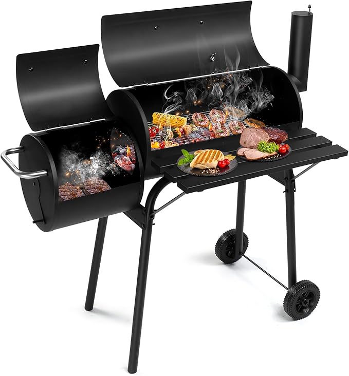 VINGLI Barrel Charcoal Grill with Offset Smoker, Large BBQ Outdoor Smoker Grill with Wheels for Party Garden Patio and Backyard Cooking 44 x 22 x 37 inch