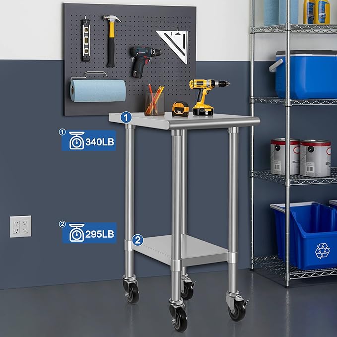 HARDURA Stainless Steel Commercial Table Prep & Work Table with Casters Heavy Duty Metal Table with Wheels NSF 430 24×18 Inches