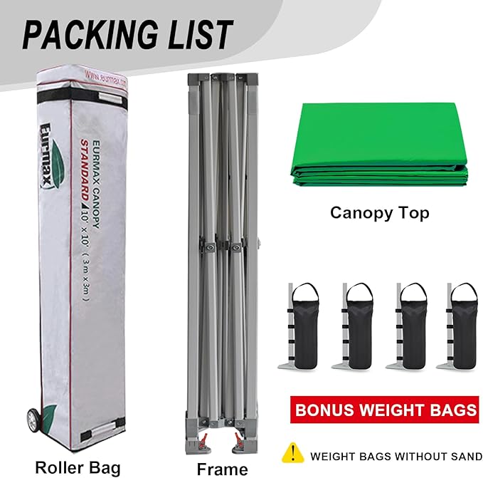 Eurmax USA Standard 10x10ft Patio Pop Up Canopy Tent for Outdoor Events Commercial Instant Canopies with Heavy Duty Roller Bag,Bonus 4 Canopy Sand Bags (Kelly Green)