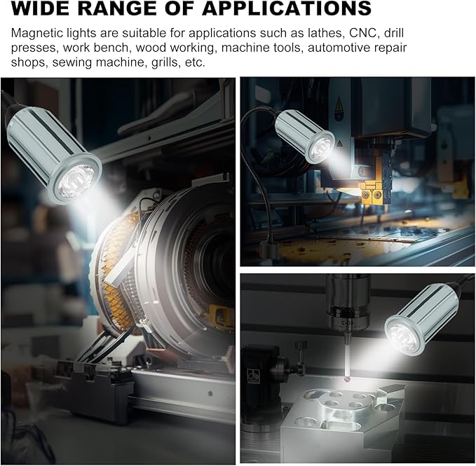15W Magnetic Work Light, LED Machine Light with Flexible Gooseneck and Magnetic Base, Shop Tool Lamp for Lathe, Work Bench, Sewing Machine, Grill, Industrial Lighting