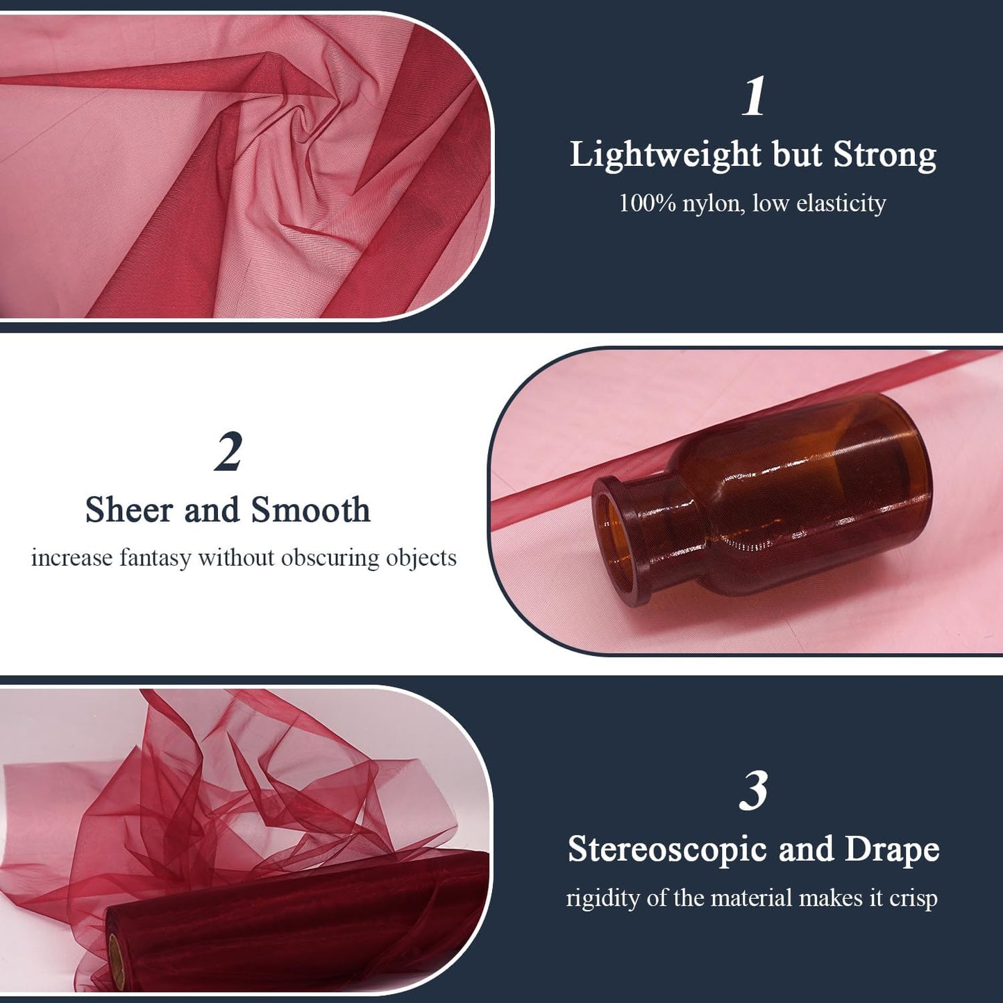 Organza Tulle Fabric Rolls, Crystal Organza 12" by 50 Yards (150 ft) Sheer Nylon Silky Shiny Netting Spool Bolt for DIY Craft Table Runner Wedding Baby Shower Party Decor (Burgundy)