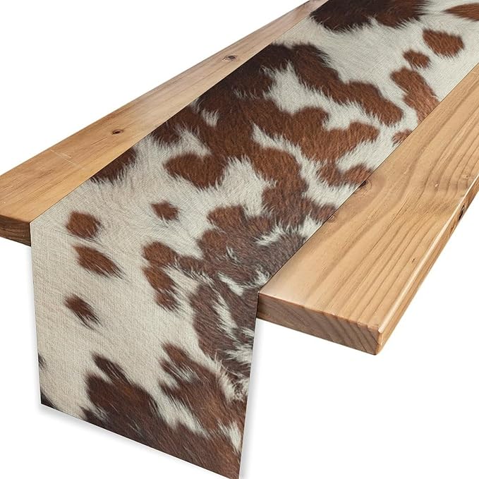 Cow Print Table Runner, Brown Cowhide Print Western Style Table Runner Country Farmhouse Cottage Cow Pattern Linen Table Decoration for Home Kitchen Dining 13x108