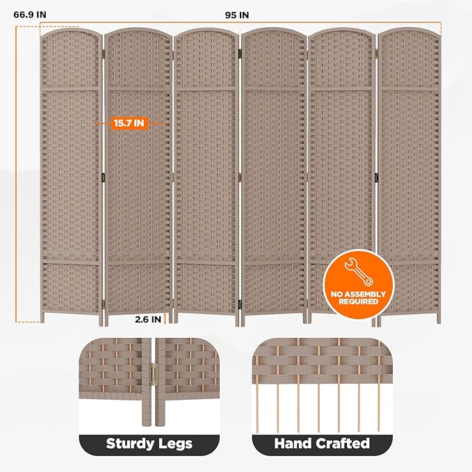 Room Divider 6 Panel Screen 5.6 Ft Tall Partition Room Dividers Beige Privacy Screens Folding Room Separation Free Standing Waterproof Wood Frame Wall Divider