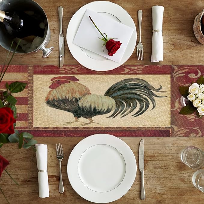 Vintage Watercolor Rooster Table Runner Kitchen Dining Table Runner 13*48in Table Center Decor for Indoor Outdoor Home Holiday Party