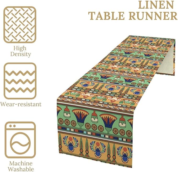 Egyptian Print Table Runner, Egyptian Ornament Scarab Flower Abstract Design Table Runner for Dining Kitchen Party Outdoor Holiday 13x108in