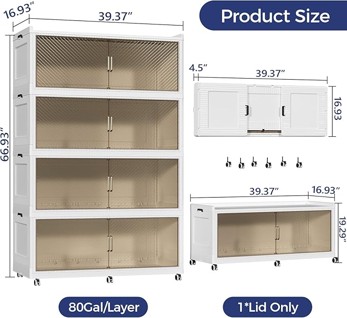 320GAL Extra Large Storage Bins with Lid, 1280QT Collapsible Organizer with Wheels, Stackable Closet Cabinet with Doors, Folding Storage Containers for Home, Office, Kitchen, 3Pack White