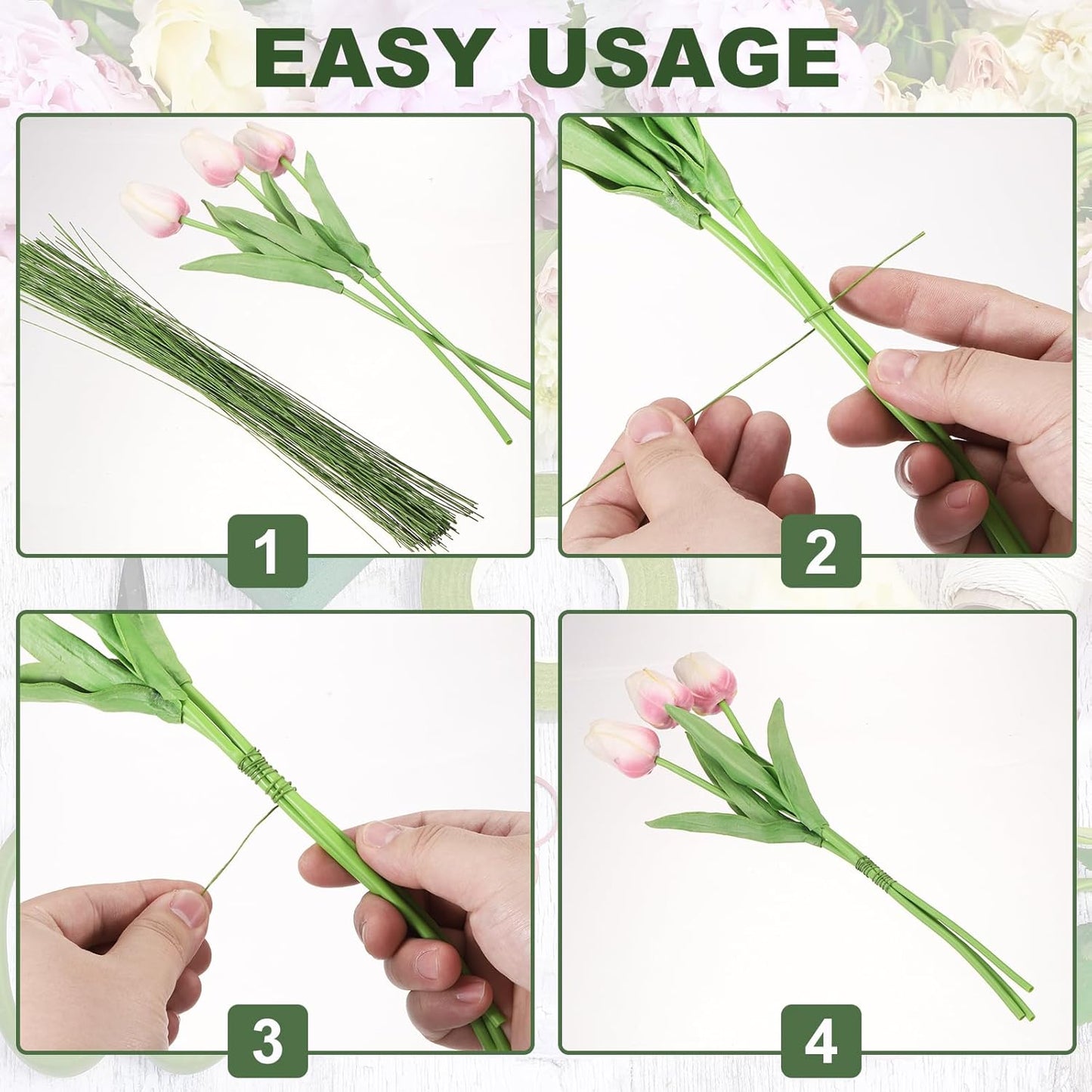 PATIKIL 32 Inch 22 Gauge Floral Stem Wire, 5 Pack/200 Pieces Bouquet Stem Paper Wrapped for DIY Crafts Flower Arrangements, Green