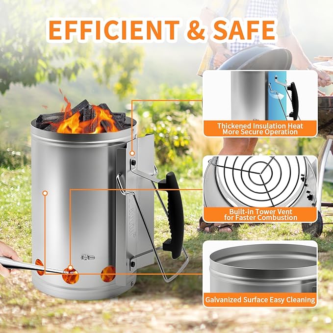 7.5X12inch XL Charcoal Chimney Starter with Electroplated Handle, Durable Fire Starter with Large Capacity Rapidfire Chimney Starter, Tilted Handle Design for Safe