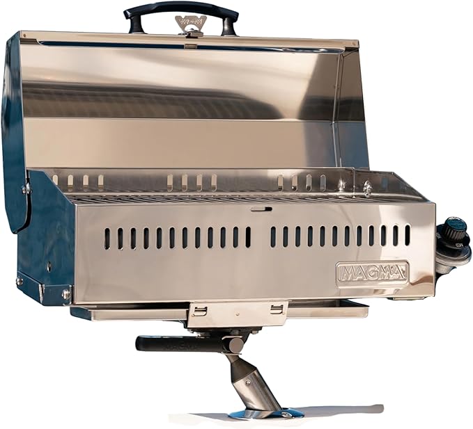 Magma Cabo Grill - Marine-Grade Stainless Steel Barbecue Grill for Boats - Portable Propane Gas with 9”x18” Grilling Surface - Heat-Resistant Handle, Fold-Away Legs - Ideal Boat Accessory