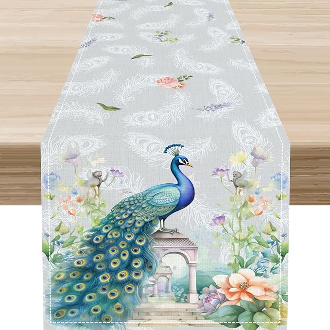 Peacock Table Runner,Watercolor Traditional Chinese Style Peacock Floral Garden Traditionla Chinese Style Table Center Decor for Home Dining Kitchen Patio Party Indoor Table Decorations, 13"x72"