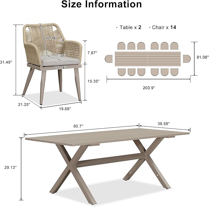 PURPLE LEAF 16 Pieces Outdoor Patio Dining Set All-Weather PE Rattan Furniture Set with All Aluminum Frame Outdoor Table and Chairs Set for 14 People Lawn Garden Backyard Deck, Champagne