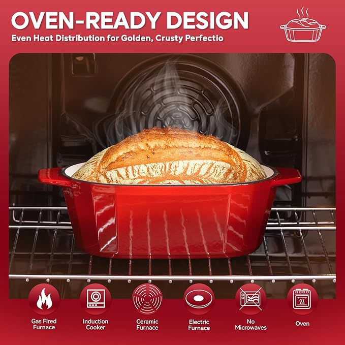 Enameled Cast Iron Dutch Oven for Bread Baking – 3QT Oval Round Heavy Duty Bread Pan with Lid, Non-Stick Ceramic Coating,Loaf Cast Iron Bread Oven for Sourdough, Baking, Roasting, Braising, Stovetop & Oven Safe