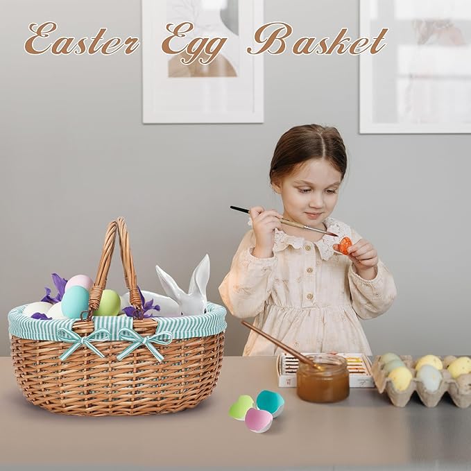 G GOOD GAIN Oval Picnic Basket with Folding Handles, Willow Hand Woven Shopping Basket, Bath Storage Gift Packing Basket, Wicker Empty Easter Eggs and Candy Small Gift Basket.Green