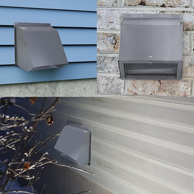 8 Inch Hooded Wall Vent with Screen and Damper, Wall Exhaust Vent Cover Cap for Exterior Ventilation and Outdoor Air Exhaust Kitchen Range Hood Dryer HVAC Duct, Galvanized Steel, Gray