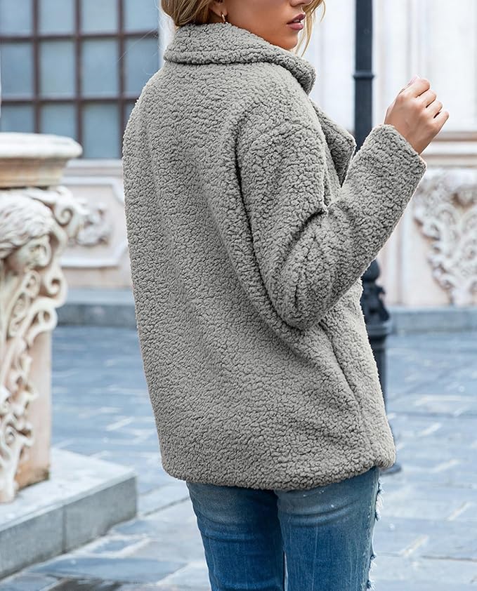 Women's Winter Warm Plush Cardigan Fuzzy Fleece Lapel Jacket with Buttons Pockets Long Sleeve Casual Outerwear