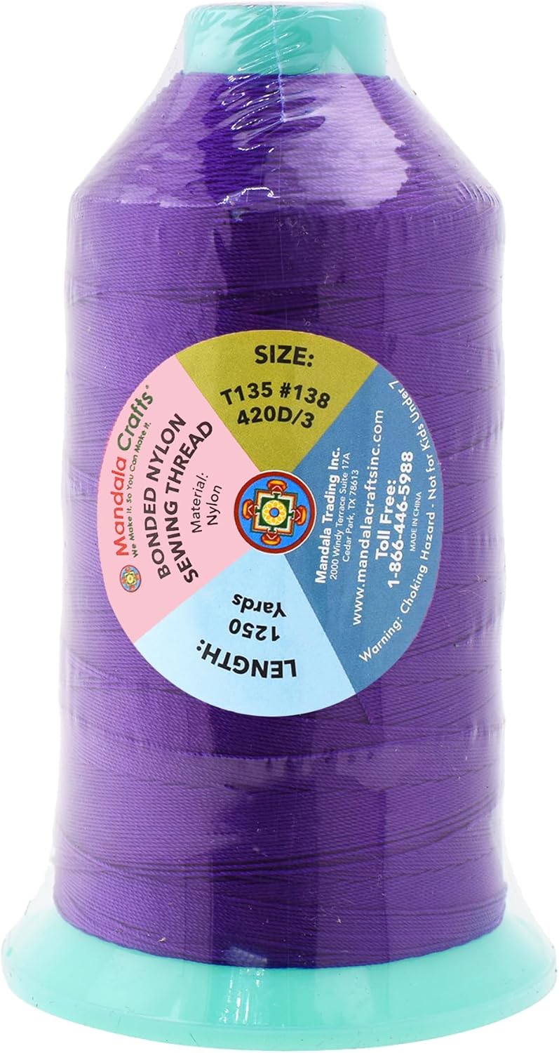 Mandala Crafts Bonded Nylon Thread True Purple Heavy Duty Sewing Threads - 1250 YDs Size 138 420D T135 Tex 135 Thread for Leather Jeans Weaving Outdoor Marine Upholstery Threads