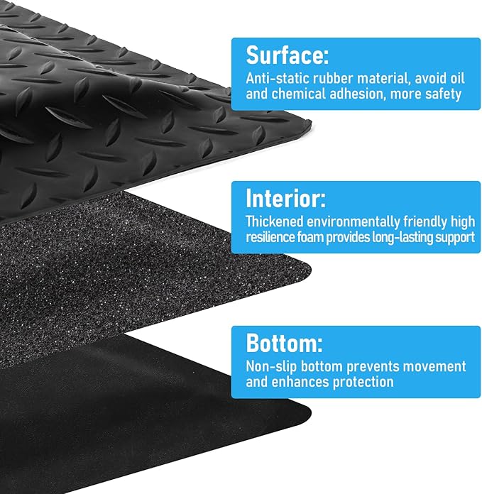 3 x 6 FT Anti Fatigue Mats Industrial 15/16 Inch Thick Soft Sponge Ergonomic Mat Durable Heavy Duty Diamond Plate for Standing Non Slip Industrial Grade Floor Mat for Leg & Back Pain (Black)