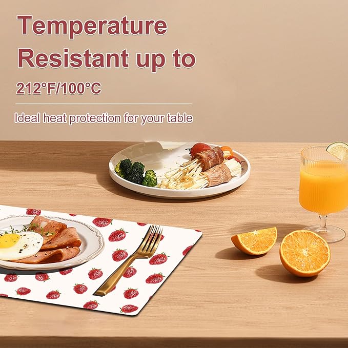Strawberry Placemats Set of 4 - Faux Leather Heat Resistant Placemats for Dinner Table, Non-Slip Waterproof Oil-Proof Washable Reusable Placemat for Indoor Outdoor Kitchen Decor, 15.75In*11.81In