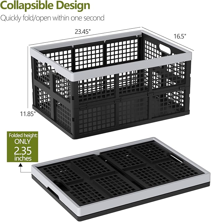4 Pack Collapsible Plastic Storage Crates, Utility Folding Milk Crates, Folding Basket, 66 L
