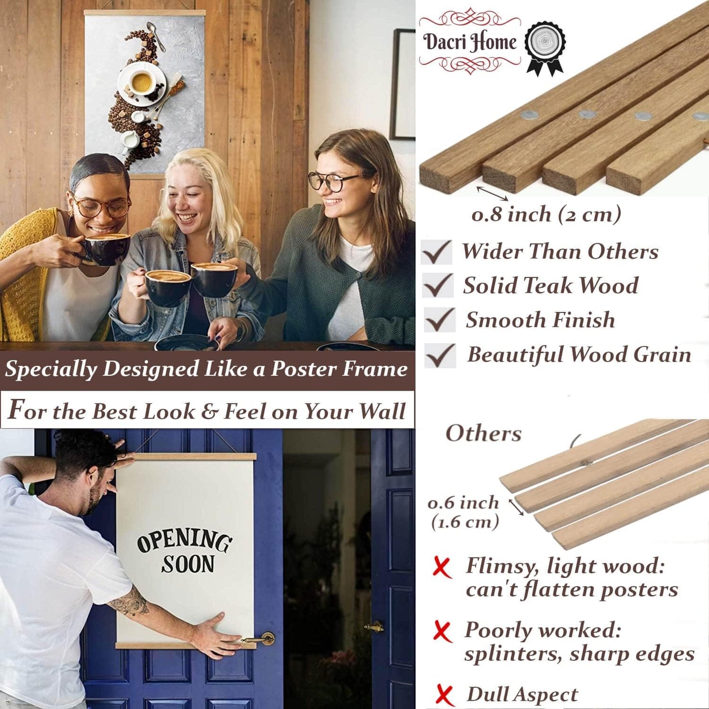 DACRI HOME Magnetic Poster Hanger Frame - Teak Wood, 12 inch Sturdy Magnetic Frame with Strong Magnets for Hanging Posters, Pictures, Scroll Wall Art, 12x16 12x18 12x24, Natural Wood