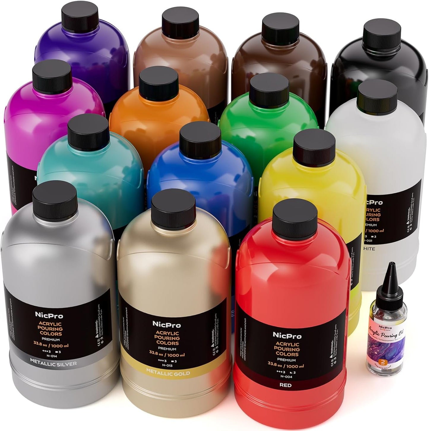 Nicpro 14 Colors Large Bulk Acrylic Pour Paint Set (33.8 oz,1000 ml) Premixed High Flow Art Pouring Paint Supplies Kit with Silicone Pour Oil, Gloves for Beginner Cell Creation Flow DIY, Ready to Pour