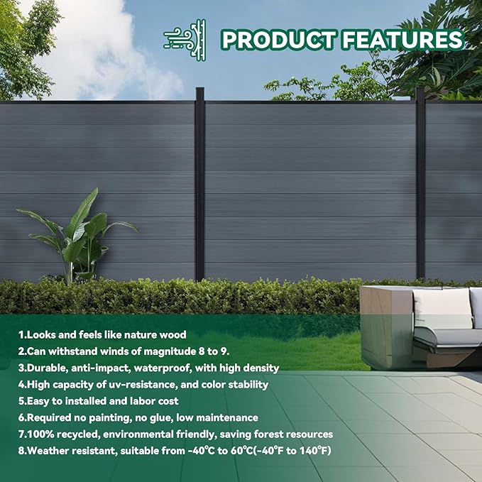 Mondaria Fence Privacy Screen with 8ft In-ground Posts, 6ft(H) x18ft(W) Wood Plastic Composite Fence Panels Weather-Resistant Outdoor Fence for Backyard/Garden (Gray, 4 Posts)