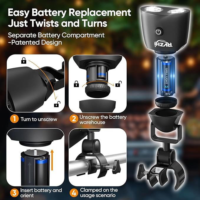 Grill Light Grilling Accessories: Mens Valentines Gifts for Dad Him Husband - LED Bright Smoker BBQ Light for Outdoor Grill - Clamp-On Handle Mount Two Brightness Settings with Batteries