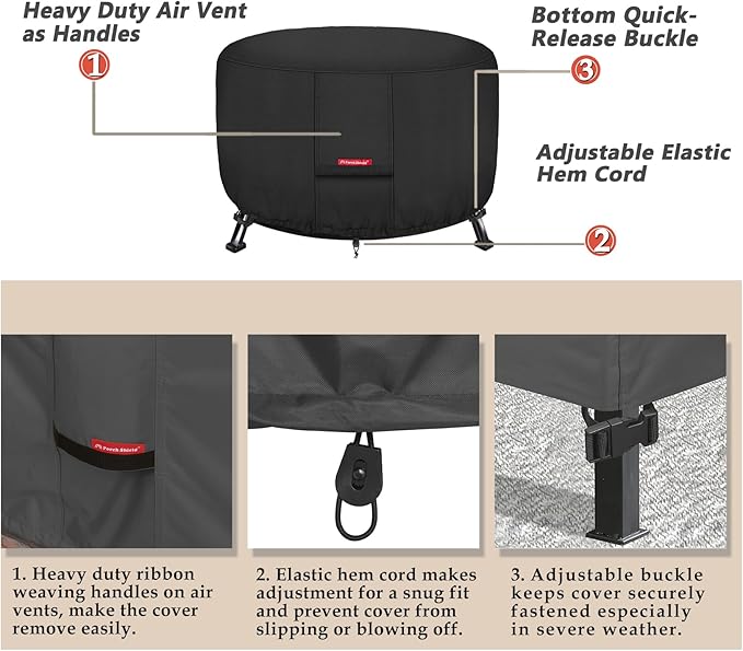 Porch Shield Fire Pit Cover - Waterproof 600D Heavy Duty Fade Resistant Round Patio Fire Bowl Cover Black - 32 inch