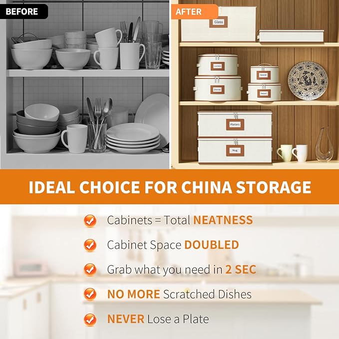Aokeyee China Storage Containers Hard Shell 8 Piece, Mug, Wine Glass, Utensils, Plate Storage Containers w/Lid, Soft Dividers Felt Pads, Handles, Stackable Storage Organizer for Moving, Party, Ivory