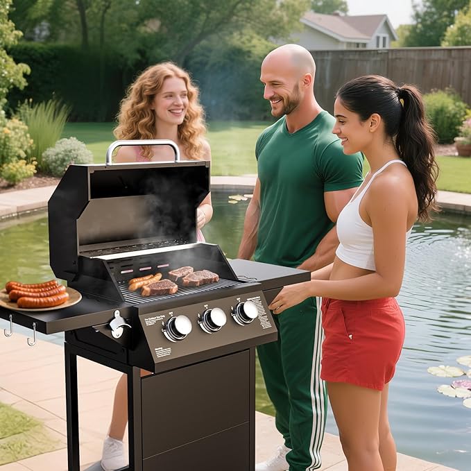 3 Burner Propane Gas Grill, 30000 BTU Outdoor Gas BBQ Grill Cooking with Two Table, Stainless Steel Cooking Grids, Built-in Thermometer, Easy-Clean Grease, for Backyard, Camping