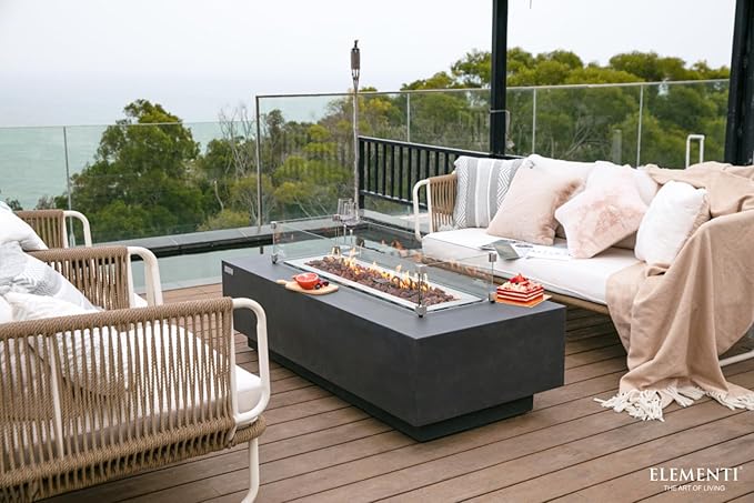 Elementi Granville Fire Pit Bundle Outdoor Firepit Set Includes 60” Dark Grey Propane Concrete Firepit Table, Glass Windscreen, Stainless Steel Cover, Canvas Cover, Floor Mat, Ice Bucket