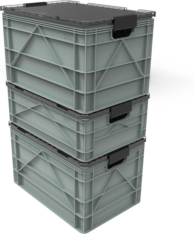 SIDIO CRATE Starter Pack - Two Full Size and One Half Size Heavy Duty Stackable Storage Bins, Totes with Lids and Dividers - Durable Organizer for Home, Office, Garage, and Outdoor Use - Aircraft