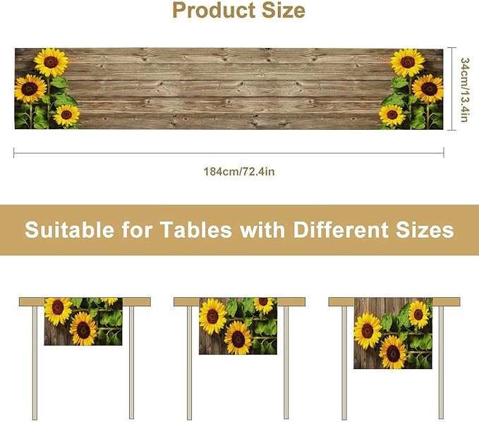 Sunflower Floral Table Runner, Country Farmhouse Vintage Spring Flower Rustic Wooden Plank Kitchen Dining Table Decoration for Indoor Outdoor Home Party Decor, 13x120inch