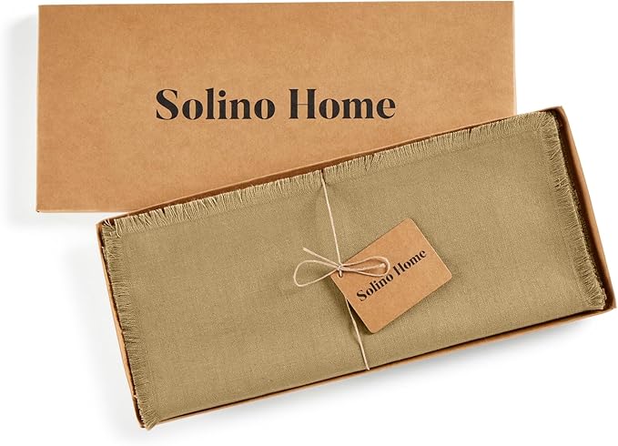 Solino Home Fringe Linen Table Runner 72 Inches Long - 100% Pure Linen Kelp Dining Table Runner 14 x 72 Inch for Spring - Handcrafted and Machine Washable