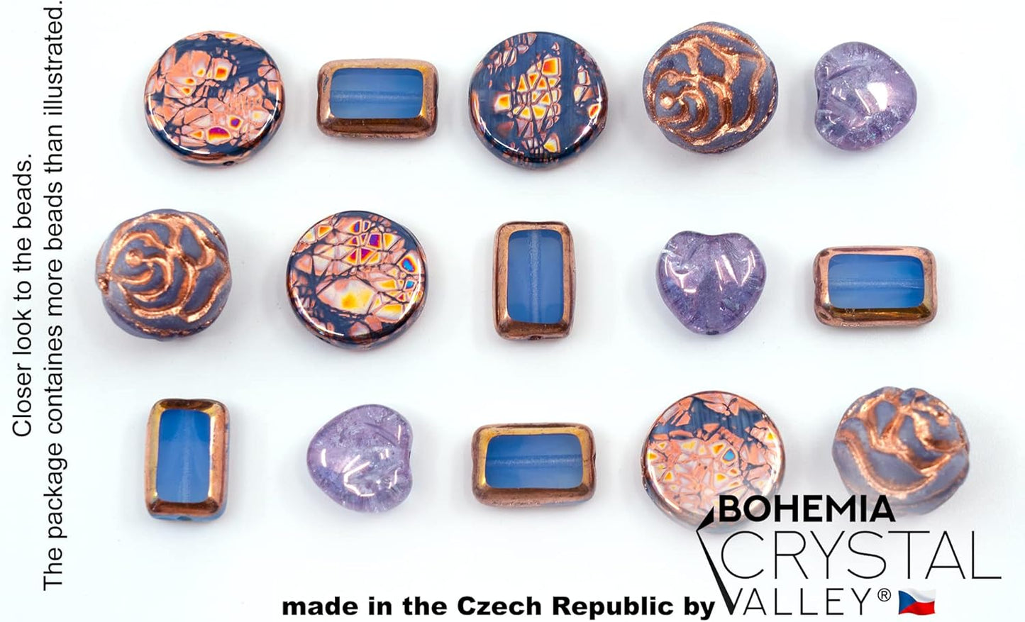 2.1oz (60g) of Glass Focal Bead Mix with Roses, Table-Cut and Cracked Czech Beads, PG Blue Copper Violet