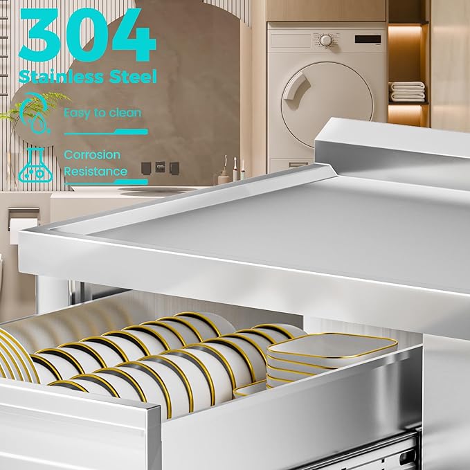 WOEDEN 39" 304 Stainless Steel Utility Sink, Free-Standing Commercial Sink with Workbench, Drawer Storage & Hot/Cold Water Pipes for Laundry, Farmhouse & Outdoor Use