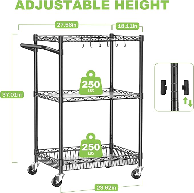 Rolling Utility Storage Carts with Wheels 3 Tier Heavy Duty Metal Cart 750Lbs Capacity Adjustable Kitchen Organizer Cart with Handle & Shelf Liner Commercial Grade Trolley for Indoor & Outdoor Use