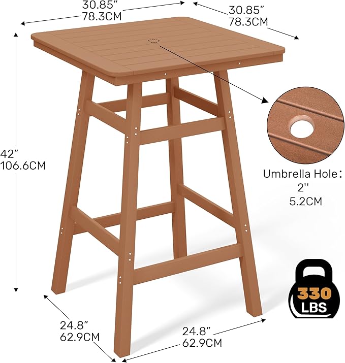 Costaelm Outdoor Bar Table, 42" Counter Height Square Patio Cocktail Bar Table with Umbrella Hole, Patio Bistro Dining Pub Table for Front Porch Deck Backyard Garden, Teak