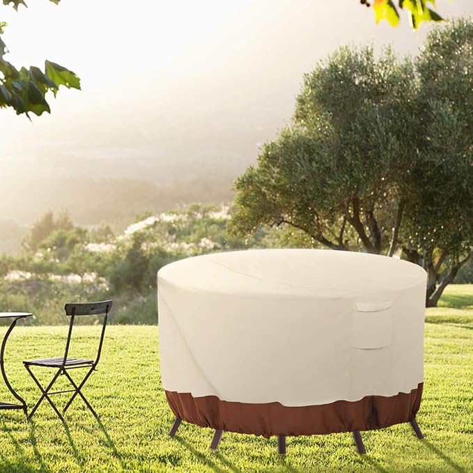 Vailge Round Patio Furniture Covers, 100% Waterproof Outdoor Table Chair Set Covers, Anti-Fading Cover for Outdoor Furniture Set, UV Resistant (Beige&brown, 96"DIAx28"H)