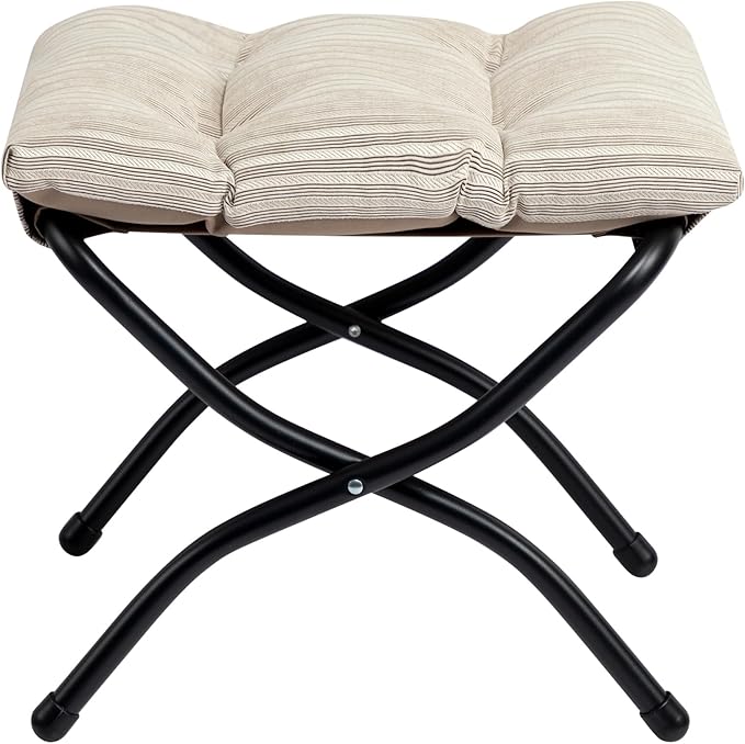 HollyHOME 15"(H) Folding Footrest Stool, Upholstered Small Foldable Ottoman, Accent Padded Sofa Foot Stool for Lazy Chair, Metal Frame Portable Foot Rest Ottoman for Living Room, Bedroom, Beige Stripe