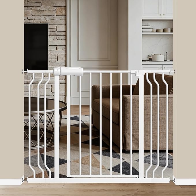 WAOWAO Baby Gate 38.58-43.27" Extra Wide Pressure Mounted Walk Through Swing Auto Close Safety White Metal Toddler Kids Child Dog Pet Puppy for Stairs,Doorways,Kitchen